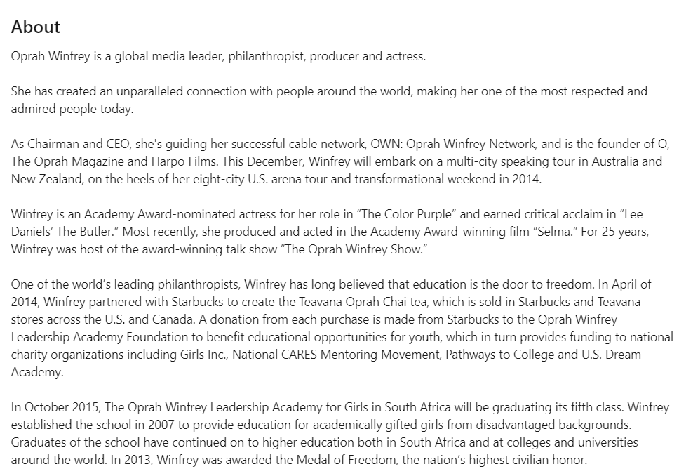 20 Fun and Creative Personal Bio Examples to Grab Attention 4 about oprah winfrey
