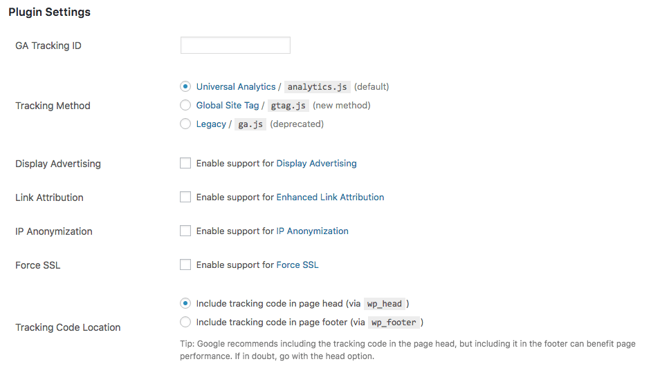 WordPress GA Plugin Settings WordPress GA Plugin Settings
